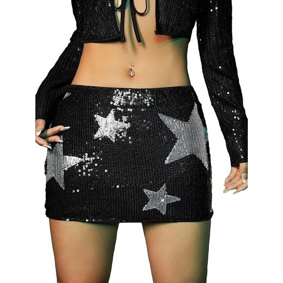 Y2K Black Sequin Silver Star Whimsigoth Glam Fairy Going Out Club Mini Skirt XS - Picture 1 of 5